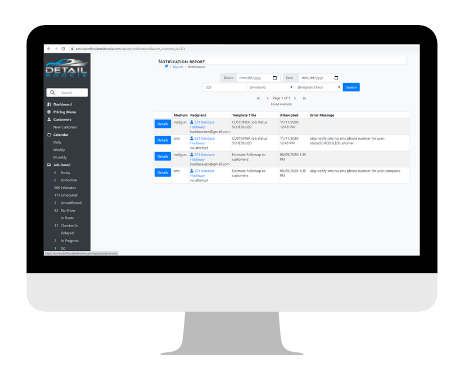 Monitor displaying a software interface with navigation menu and information table featuring user messages and status details.