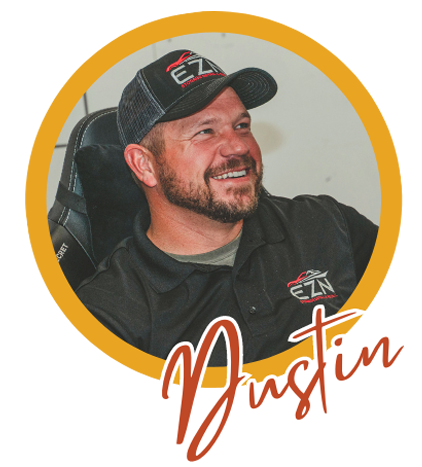 Man wearing a cap and black shirt, smiling, with "Dustin" text overlay.