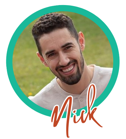 Smiling man with short hair and beard, wearing a white shirt, with "Nick" written below in script.