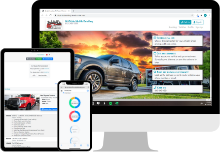 Computer monitor, tablet, and smartphone displaying car detailing website with sunset background and text boxes.