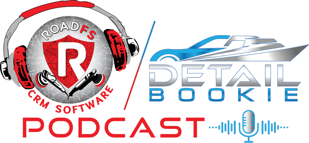Red headphones encircle a logo with "RoadFS," adjacent to "Detail Bookie Podcast" text and blue microphone graphic.